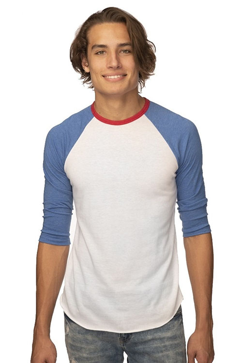Young man wearing white t-shirt with blue, elbow-length sleeves.