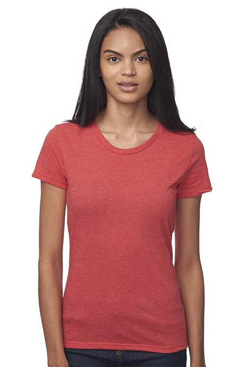 Young woman wearing tailored, red t-shirt.