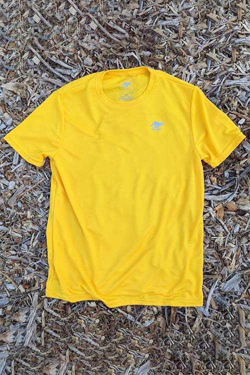 Yellow athletic crew-neck t-shirt with short sleeves.