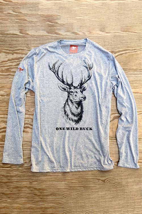 Light-grey athletic crew-neck t-shirt with long sleeves and deer  head printed on the chest.