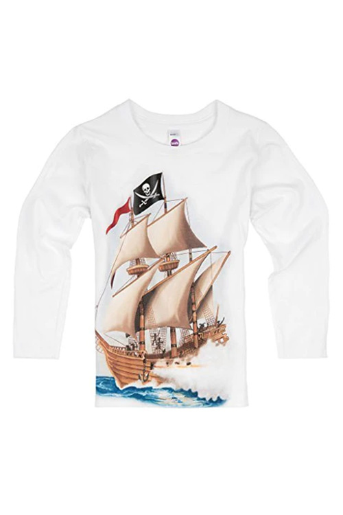 White, long-sleeve kids' t-shirt with big pirate ship print on the front.