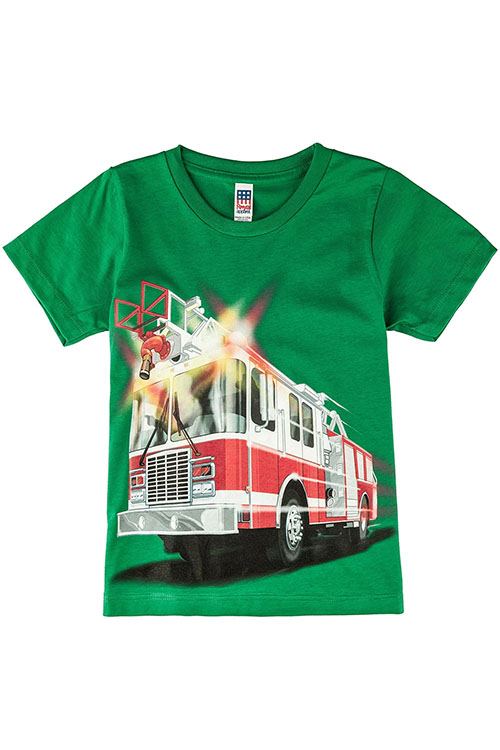 Green, short-sleeve kids' t-shirt with big fire truck print on the front.