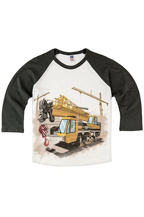 White, long-sleeve kids' t-shirt with big construction vehicle print on the front and black sleeves.