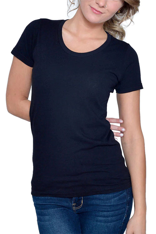 Young woman wearing navy crew-neck t-shirt.