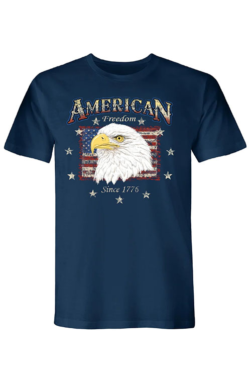 Navy crew neck t-shirt with American flag and bald eagle on the chest.