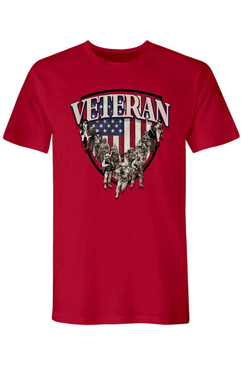 Red crew neck t-shirt with American flag shield, US soldiers and word 'veteran' on the chest.