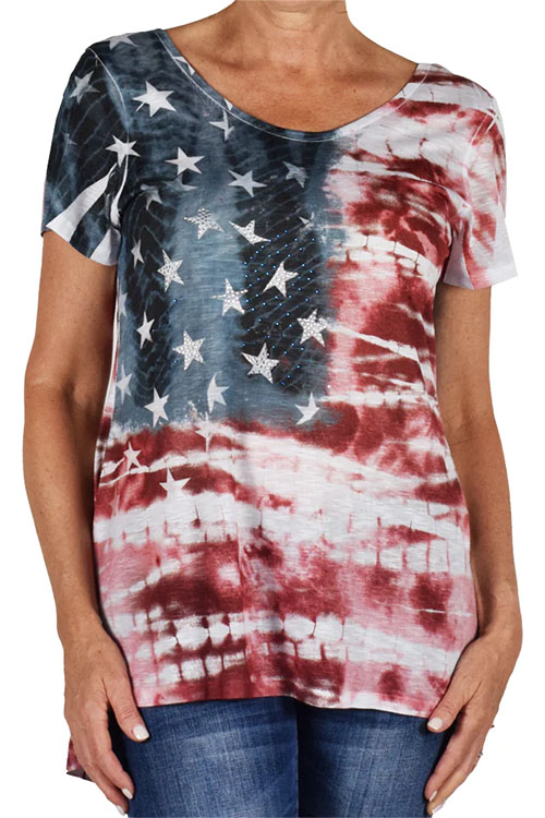 Women's t-shirt with American flag pattern.