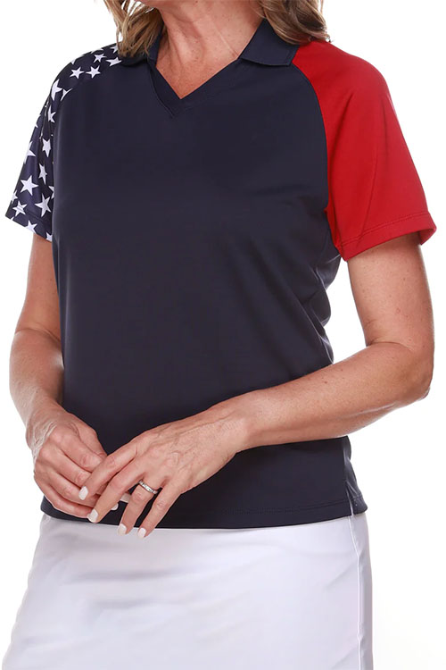 Women's v-neck t-shirt with navy body, one red and one star-spangled sleeve.