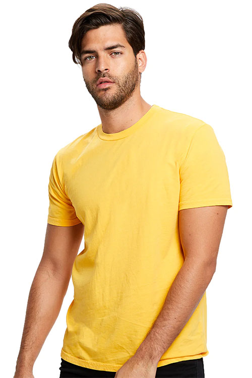 Man wearing yellow, crew-neck t-shirt.