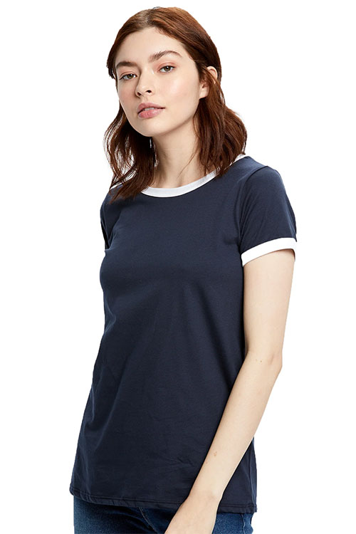 Young woman wearing navy crew-neck t-shirt with white details at sleeves and collar.