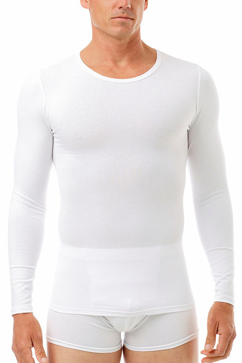 Man wearing white long-sleeve compression t-shirt.