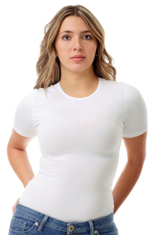 Woman wearing white short-sleeve compression t-shirt.