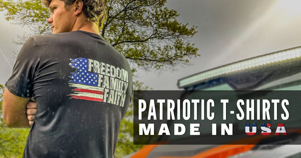 Man wearing t-shirt with American flag with text overlay saying 'patriotic t-shirts made in USA'.