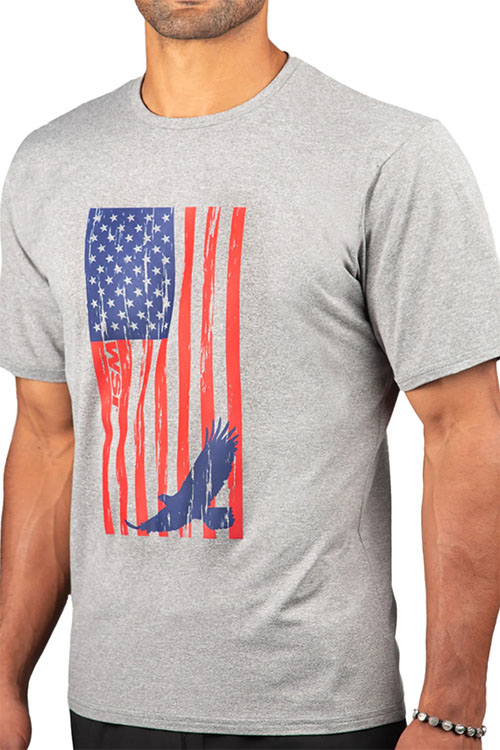 Man wearing grey t-shirt with vertical American flag and small blue eagle on the chest?