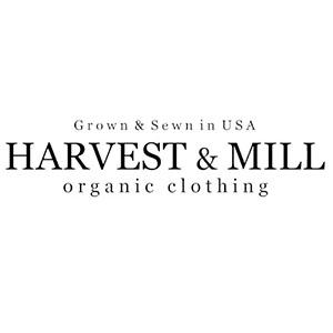 Harvest and Mill company logo and words 'grown and sewn in USA organic clothing'.