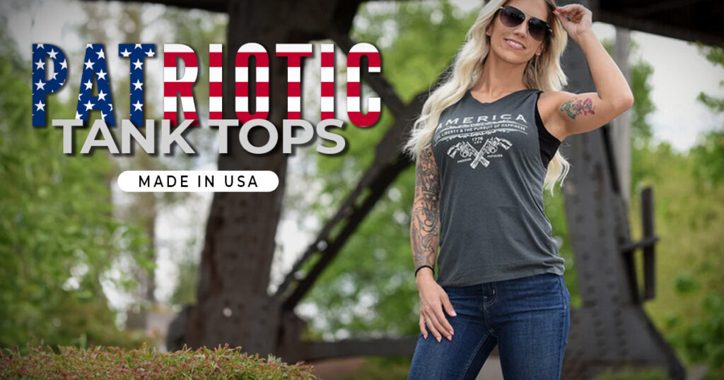 Image of woman wearing tank top with patriotic print, with text  overlay of 'patriotic tank tops made in usa'.