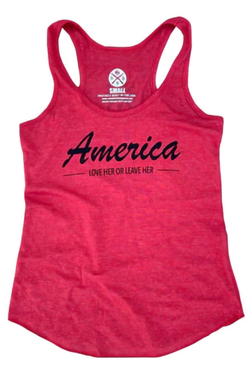 Red women's tank top with the words 'America, love her or leave her' on the chest.