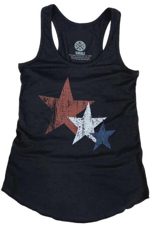 Black women's tank top with red, white and blue stars on the chest.