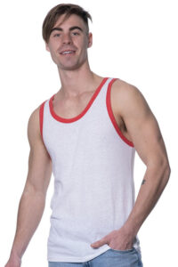 Man wearing white tank top with red detailing on the edges.