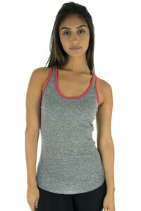 Woman wearing grey tank top with red detailing on the edges.