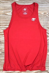Red athletic tank top with small Runyon logo on the chest.