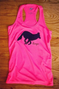 Pink athletic tank top with large black running coyote logo on the chest.