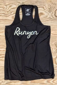 Black athletic tank top with the word Runyon in white on the chest.