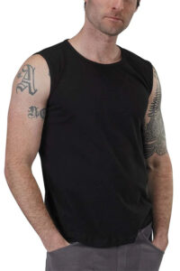 Man wearing black sleeveless tee.