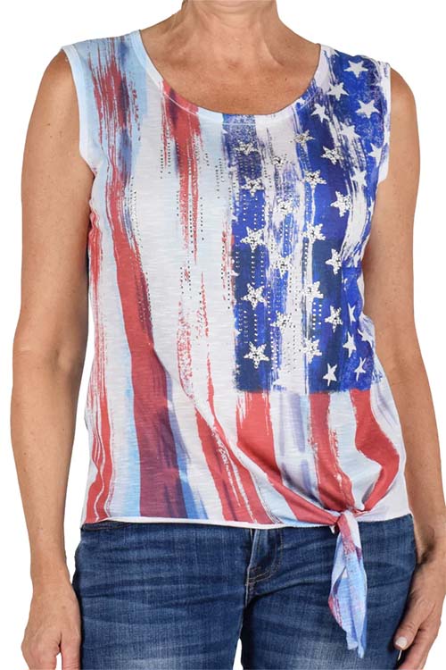 Women's tank top with vertical American flag print and rhinestone stars.