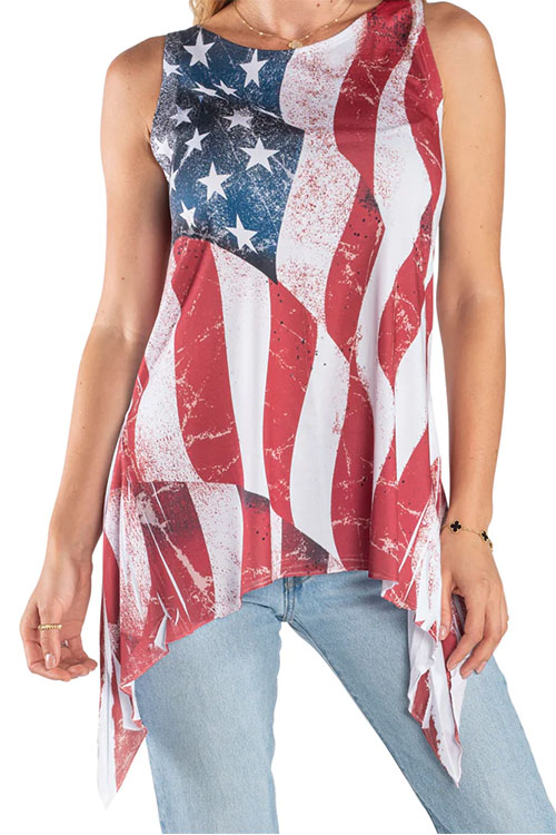 Long women's tunic tank top with vertical American flag print.