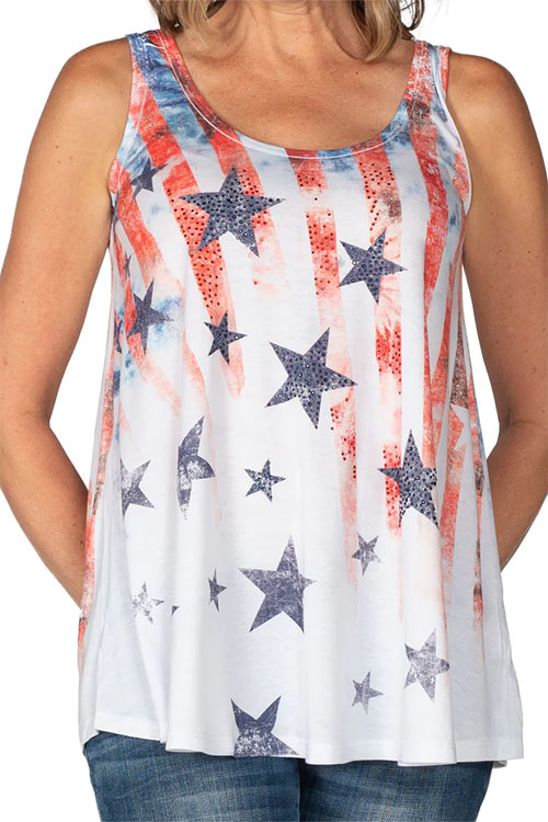 White women's tank top with blue stars and subtle American flag print.