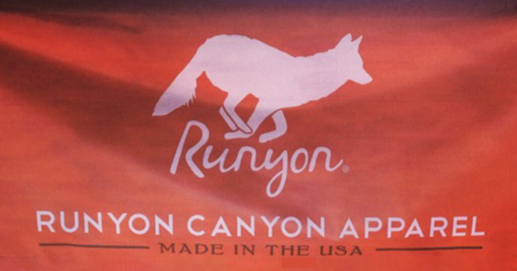 Orange banner with Runyon Cayon apparel logo above words 'made in usa'.