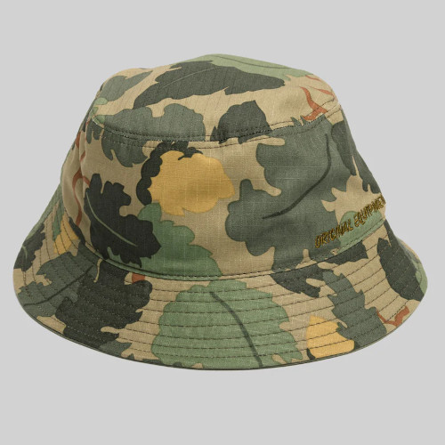 Bucket hat with camouflage pattern.