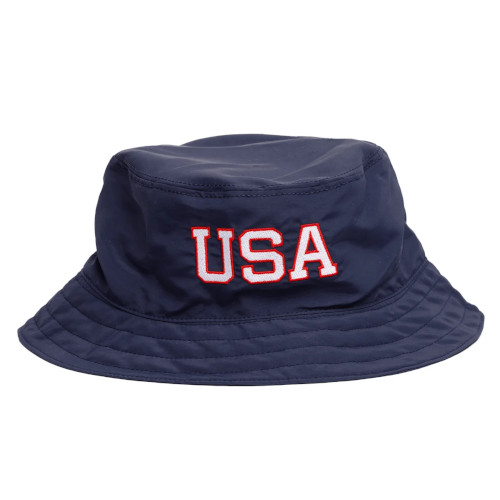 Blue Nylon bucket hat with USA embroidered on the front. 