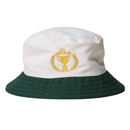 White nylon bucket hat with green brim and golden embroidered emblem on the front. 