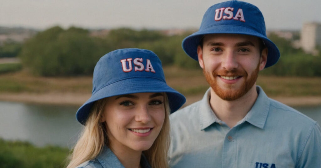 Young couple wearing blue bucket hats with the word USA embroidered on the front.