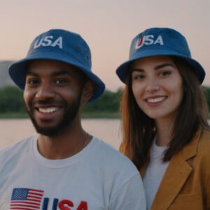 Young couple wearing blue bucket hats with the word USA embroidered on the front.