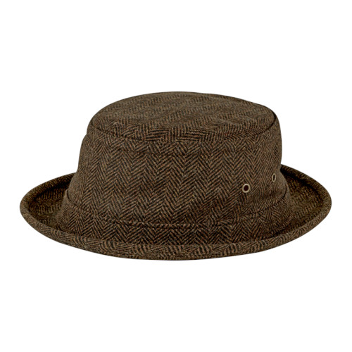 Brown bucket hat with herringbone pattern.