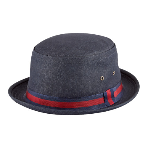 Blue denim fisherman hat with red band and ventilation holes.